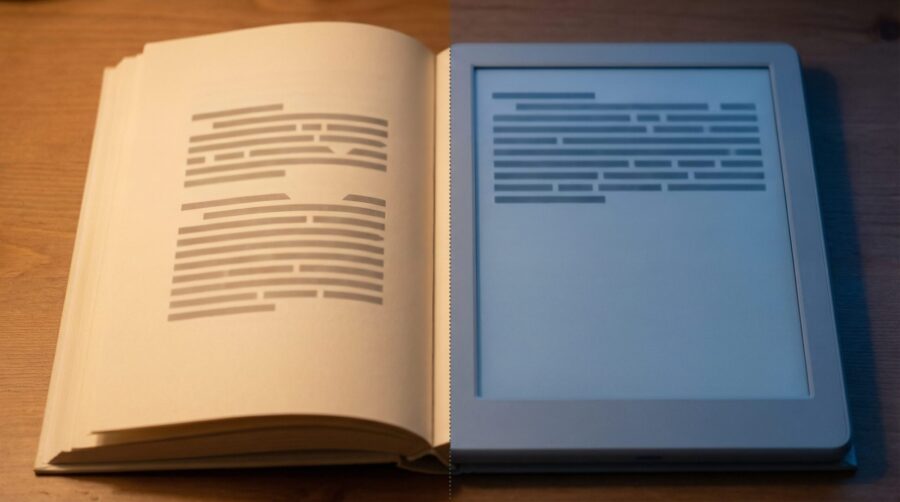 Split-screen comparison showing ebook title page formatting in Word versus reflowable EPUB