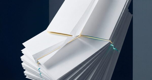 Abstract visual representing page breaks in book formatting with layered pages and clean layout
