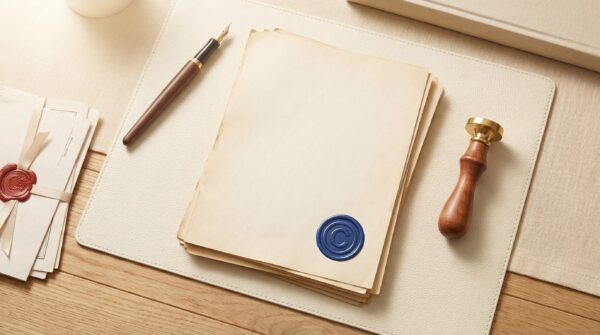 Author desk with copyright symbol stamp and manuscript for self-published book copyright registration