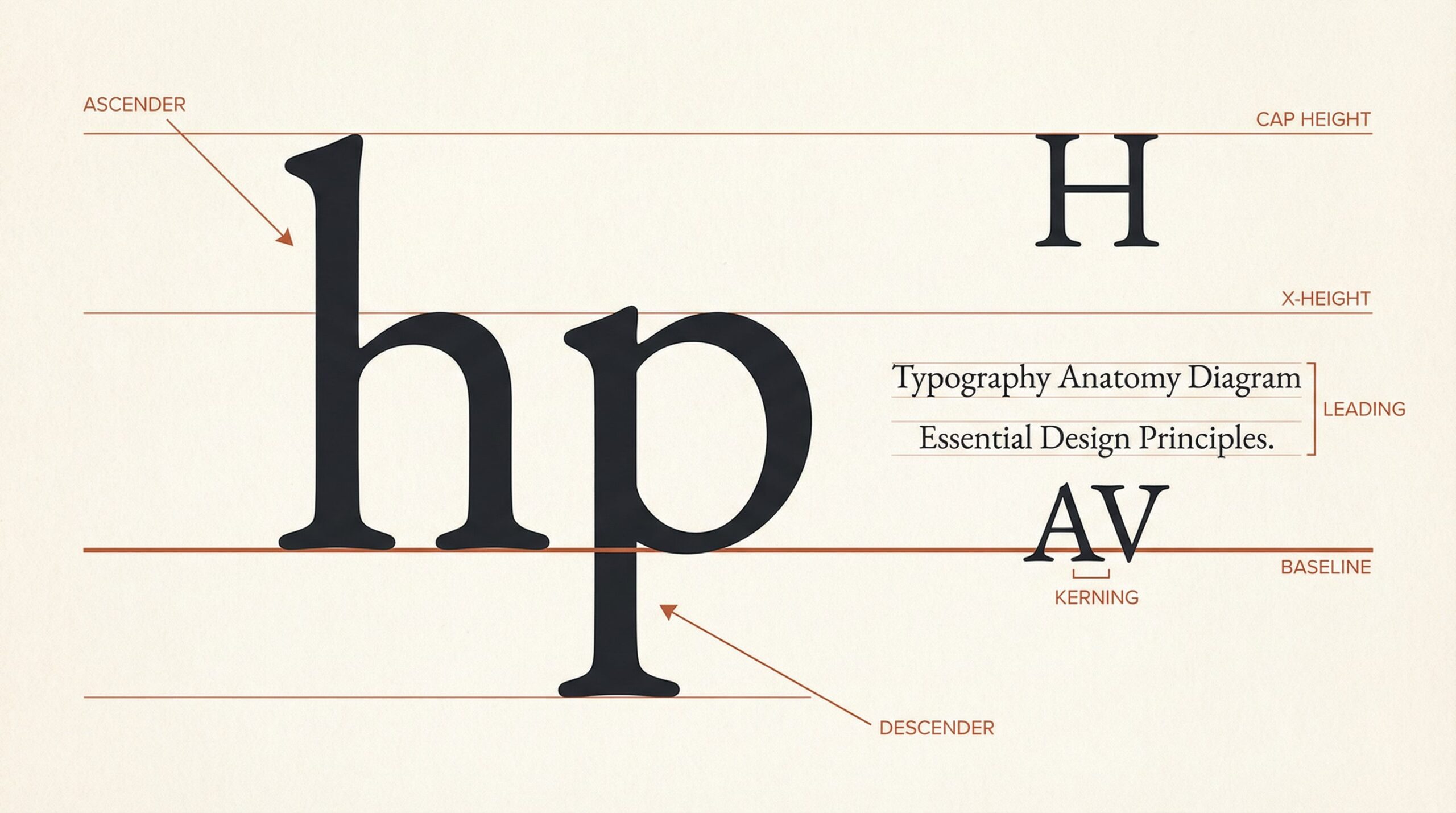 Diagram showing typography anatomy terms including baseline, x-height, ascender, descender, and cap height on example letterforms