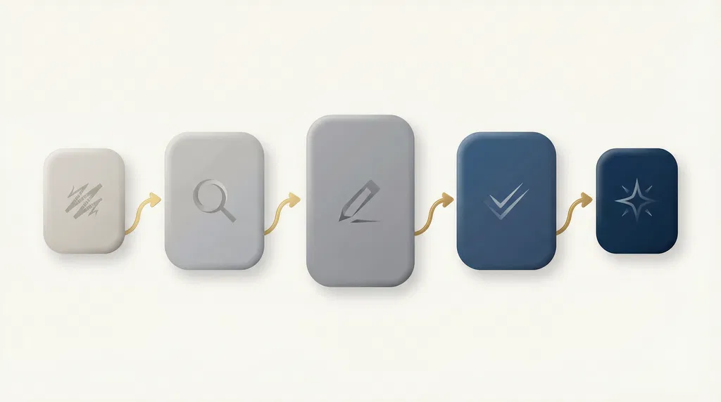 Abstract icons representing what a copy editor does including grammar checks, consistency reviews, and style corrections
