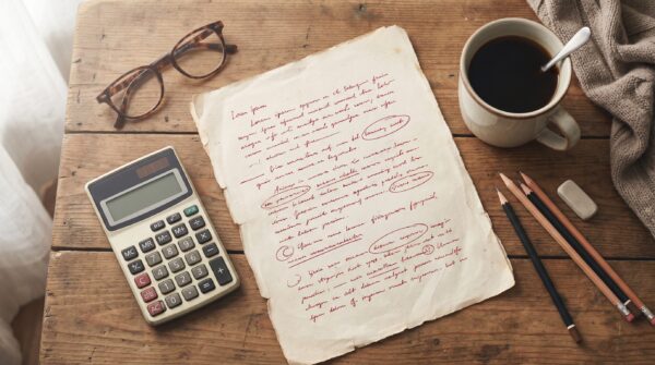 Manuscript with red editing marks, calculator, and reading glasses on a wooden desk