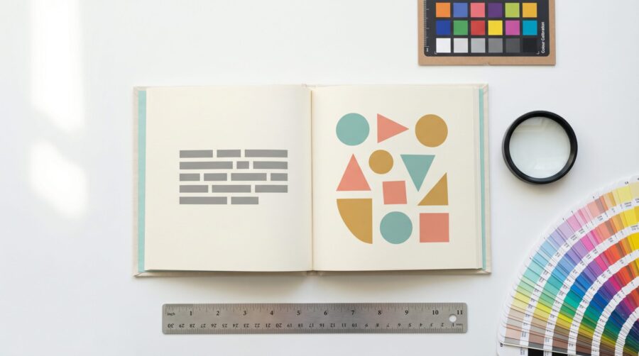 Open children's picture book with colourful illustrations alongside a CMYK colour swatch and magnifying loupe on a production workspace