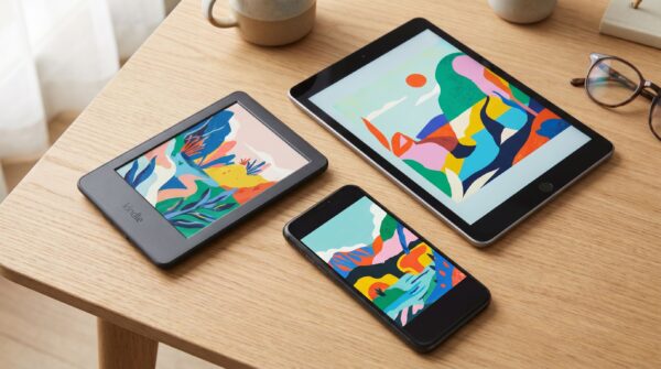 Kindle e-reader, tablet, and smartphone on a wooden desk, each displaying a colorful ebook cover at different screen sizes