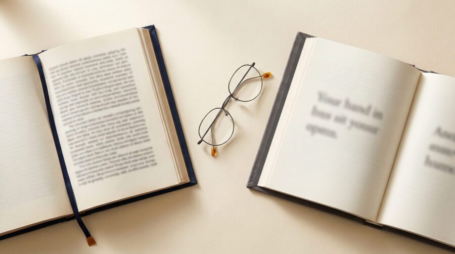 Two open hardcover books side by side showing standard size versus large print font size book interior typography