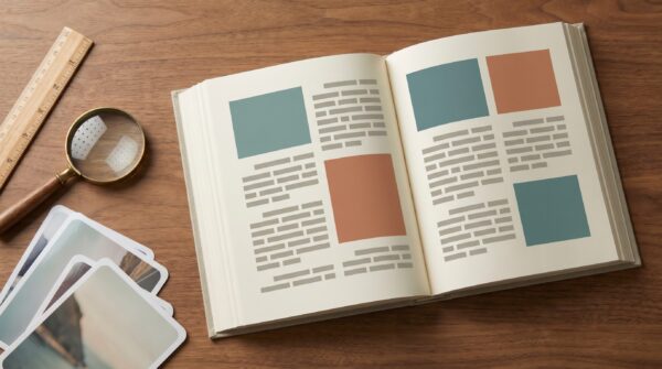 Non-fiction book manuscript layout with images showing 300 DPI resolution check and photograph prints on a wooden desk