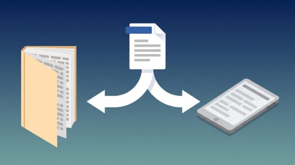 Illustration showing a Word document splitting into a printed paperback book and an ebook on a tablet device representing the dual-format publishing workflow