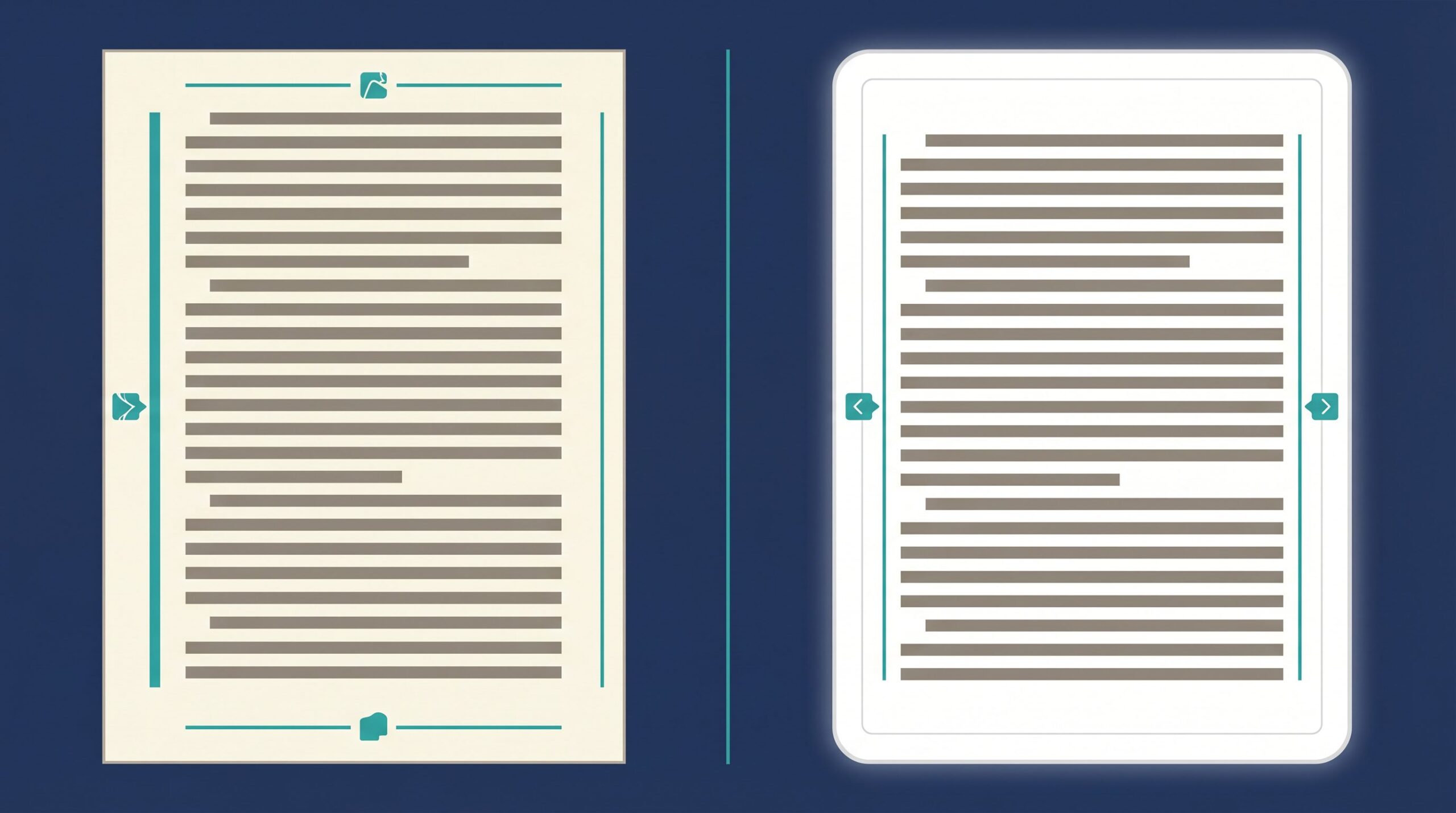 Side-by-side comparison diagram of print book page layout with gutter margins versus ebook reflowable page layout from one Word file