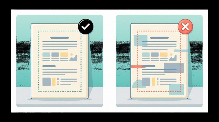 Side-by-side comparison showing a PDF page with content properly inside KDP margin boundaries versus content crossing margin lines