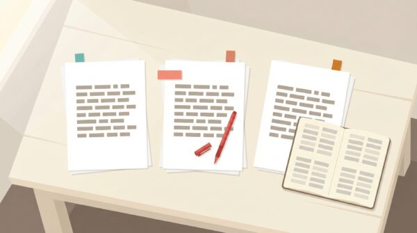 Desk workspace with three manuscript stacks marked with coloured tabs representing the three-pass self-edit manuscript before editor sequence