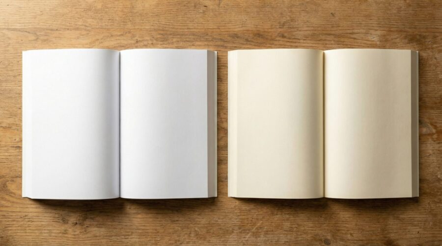 Side-by-side comparison of white and cream paper in open paperback books showing the color difference for print on demand