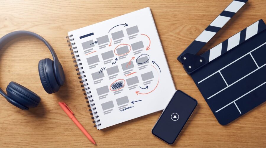 Workspace flat-lay with notebook, film clapperboard, and headphones representing book trailer script writing
