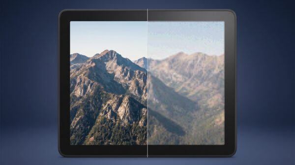 Split-screen comparison showing sharp versus blurry ebook image resolution on an e-reader device