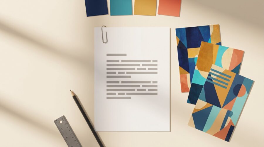 Flat-lay photograph of a book cover design workspace with a design brief, colour swatches, cover samples, pencil, and ruler on a cream desk