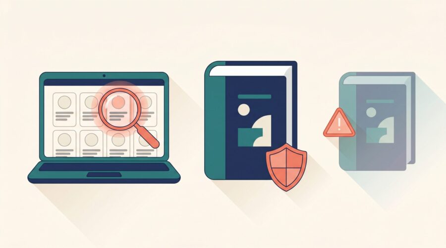 Illustration about book piracy and third-party Amazon sellers, showing a protected book, a magnifying glass over an online store listing grid, and a flagged duplicate copy
