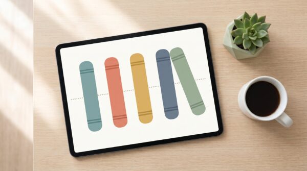 Tablet displaying five colourful book spines arranged in numbered reading order on a KDP series page