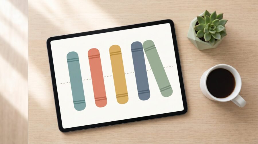 Tablet displaying five colourful book spines arranged in numbered reading order on a KDP series page