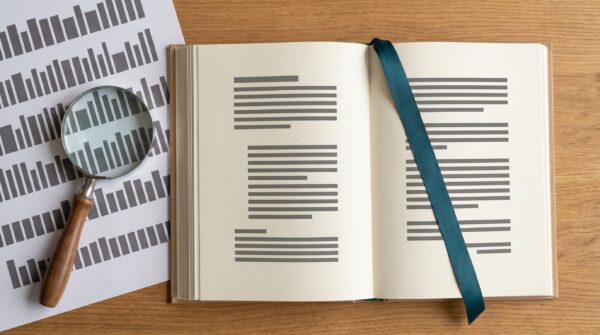 Open book on a desk with font specimen sheets for choosing a font for a self-published book interior