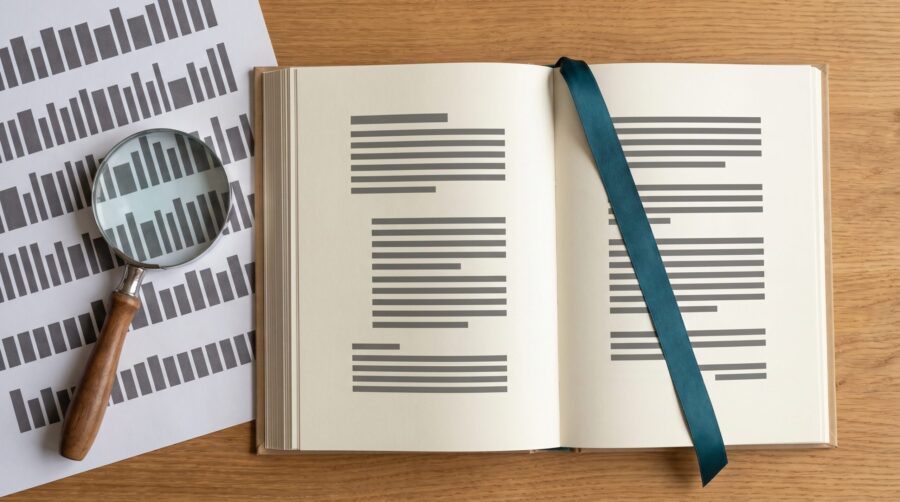 Open book on a desk with font specimen sheets for choosing a font for a self-published book interior