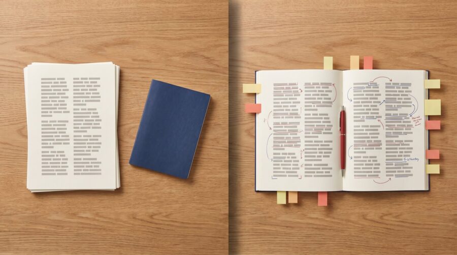 Side-by-side comparison of a developmental edit vs manuscript assessment showing an untouched manuscript with editorial report beside an annotated manuscript with tracked changes and sticky notes