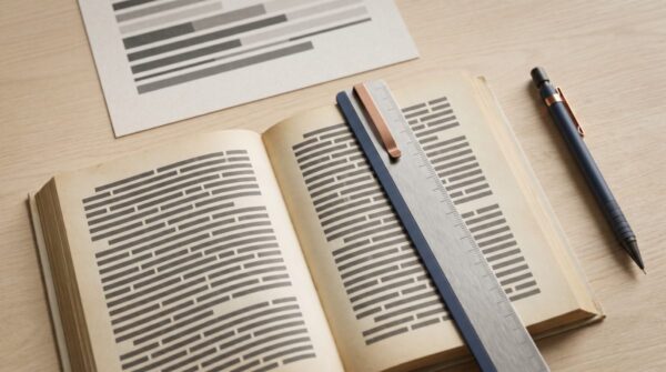 Open book on a desk surrounded by typesetting tools and formatting guides