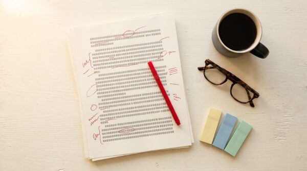 Manuscript pages with red pen editing marks, coffee mug, and reading glasses on a writer editing workspace