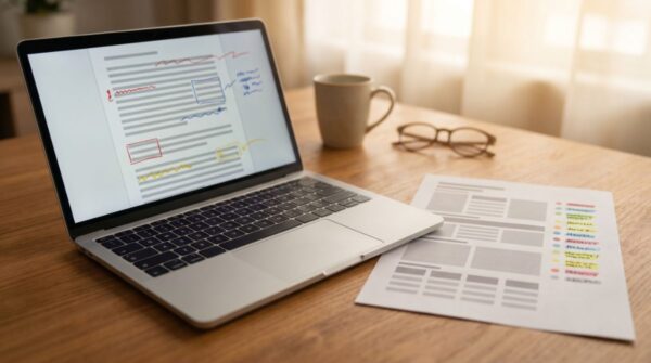 Laptop showing a manuscript with editorial markup annotations beside a printed style sheet reference document