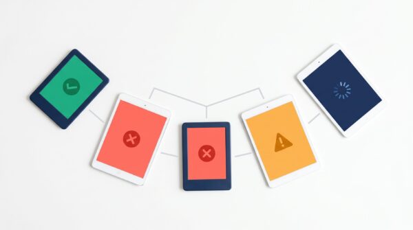 Five e-reader devices showing different EPUB validation results with checkmarks and error icons representing cross-platform EPUB validation errors