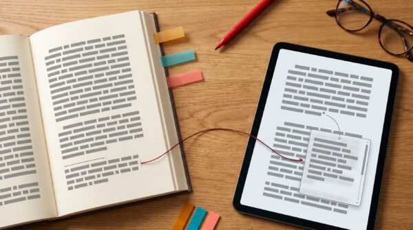 Open print book with footnotes beside an e-reader showing pop-up note overlay, connected by a red thread illustrating footnote formatting across formats