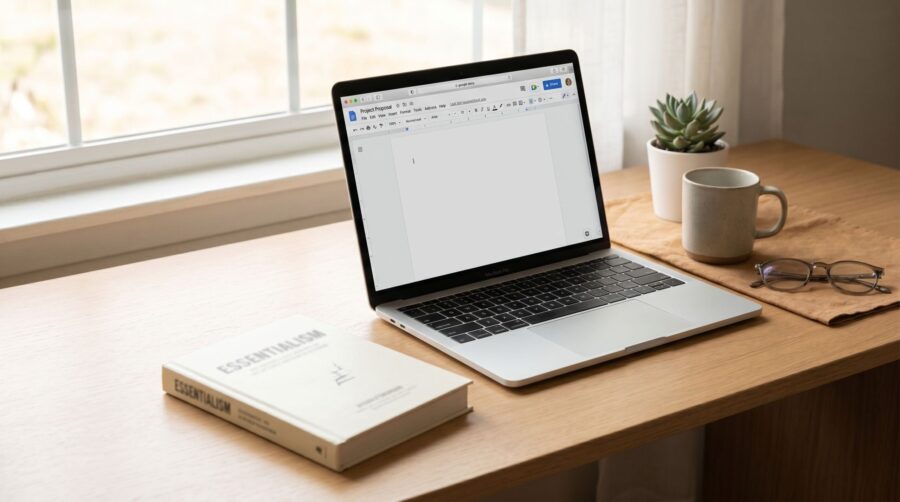 Laptop showing Google Docs beside a professionally printed paperback book on a minimalist desk