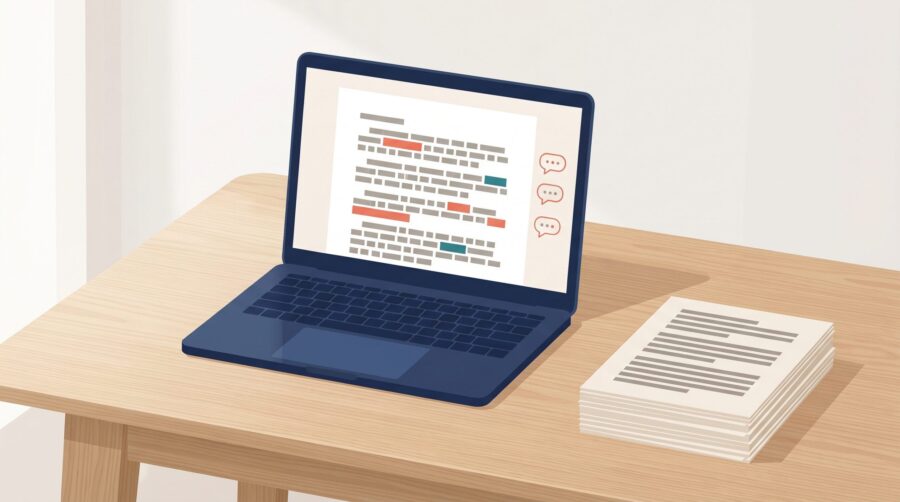 Laptop displaying a manuscript with Track Changes markup from an editor, showing coloured insertions, deletions, and comment bubbles in Microsoft Word