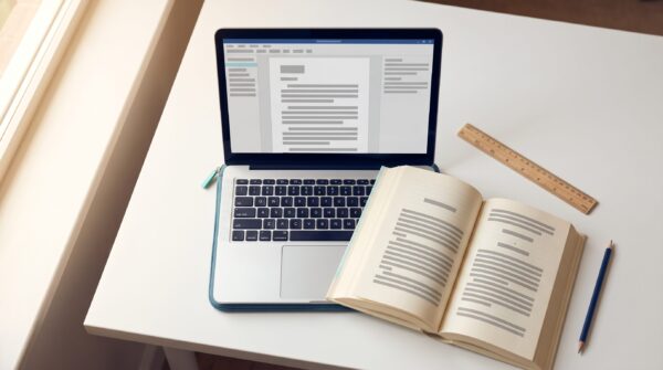 Laptop showing a Kindle Create print book formatting interface beside an open paperback with greeked text