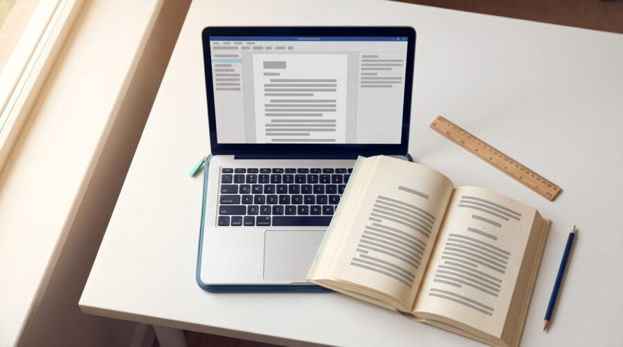 Laptop showing a Kindle Create print book formatting interface beside an open paperback with greeked text
