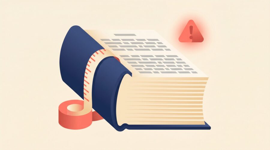 Illustration of an oversized book with a measuring tape around its spine and a warning icon, representing print-on-demand page limits