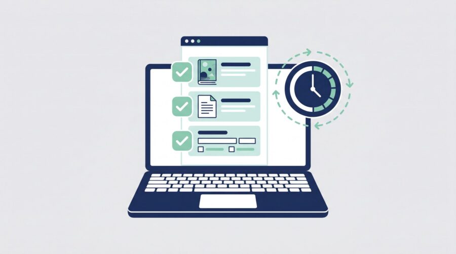 Laptop screen showing a book update checklist with checkmarks and a clock icon representing the KDP update timeline