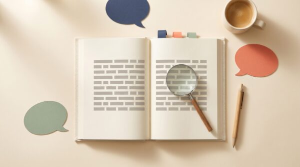 Conscious Style Guide concept with an open book, magnifying glass and colourful paper speech bubbles on a desk