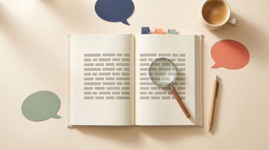Conscious Style Guide concept with an open book, magnifying glass and colourful paper speech bubbles on a desk