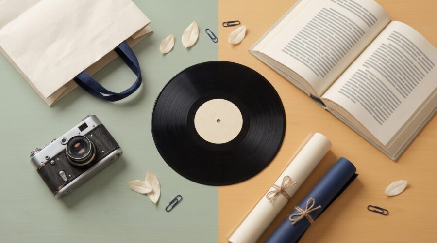 Conceptual flat-lay of what you can legally use in a self-published book: a camera, vinyl record, open book, and shopping bag sorted into safe and check-first zones