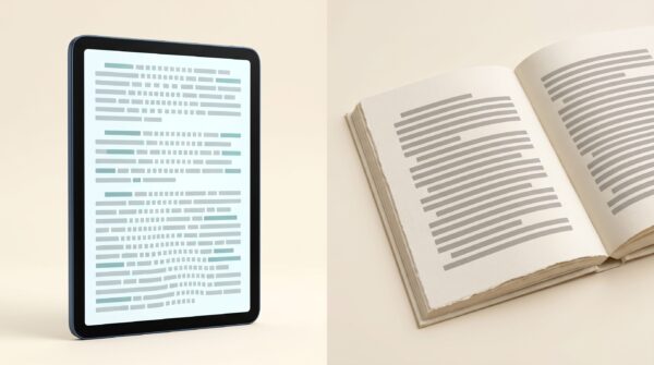 Side-by-side comparison of formatting an ebook and a paperback: a reflowable e-reader screen beside a fixed printed book page