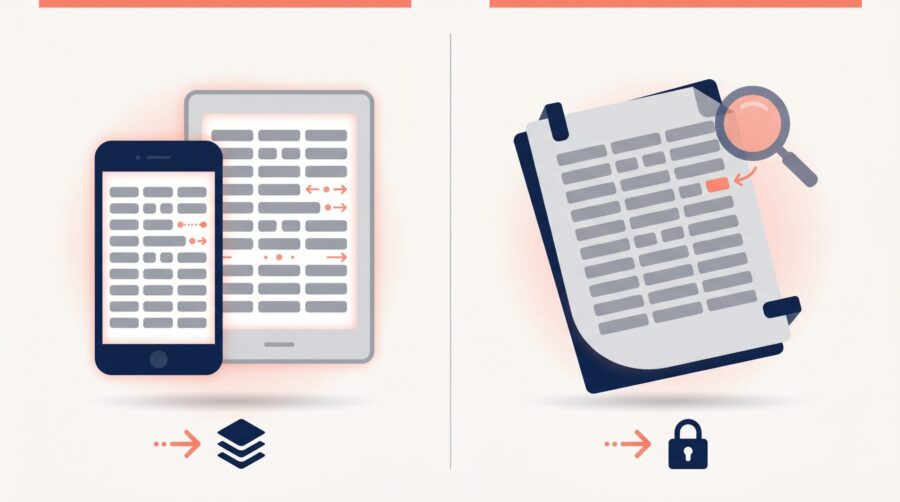Side-by-side diagram of EPUB vs PDF: reflowable text on a phone and e-reader beside a fixed-layout PDF document