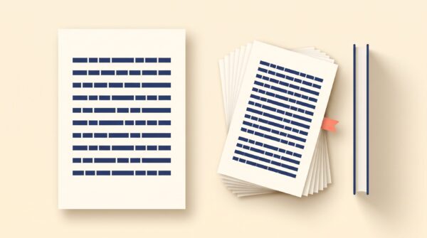 Manuscript sheet beside a thicker stack of book pages illustrating how to estimate book page count