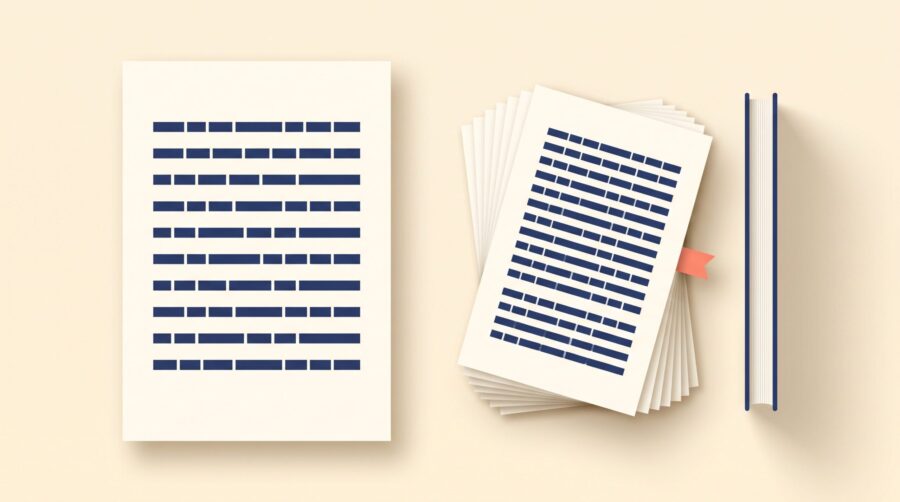 Manuscript sheet beside a thicker stack of book pages illustrating how to estimate book page count