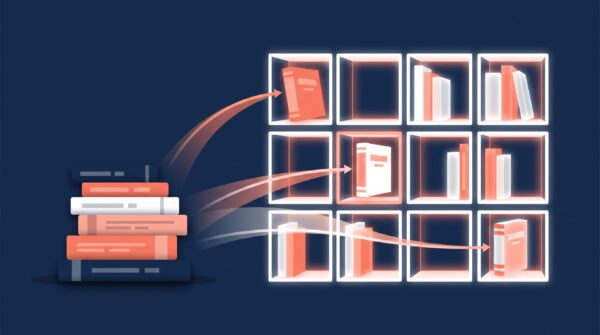 Diagram of books being sorted into Amazon shelf compartments, showing how KDP categories and keywords place a book