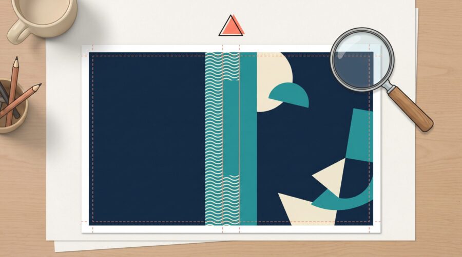 Flat-lay diagram of a KDP cover rejected at upload, showing crop and bleed guides, spine, and a warning icon