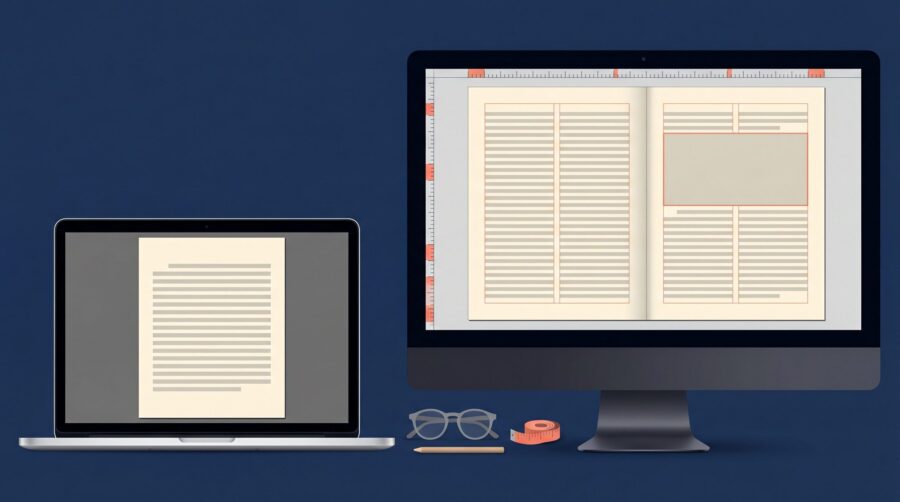 Comparison of formatting a book in Word versus InDesign, showing master page margin guides and a baseline grid