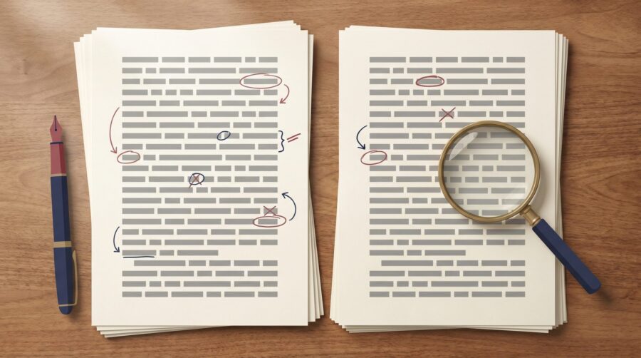 Two book manuscript sample edits shown side by side with red and blue editorial marks and a magnifying glass, used to compare editors