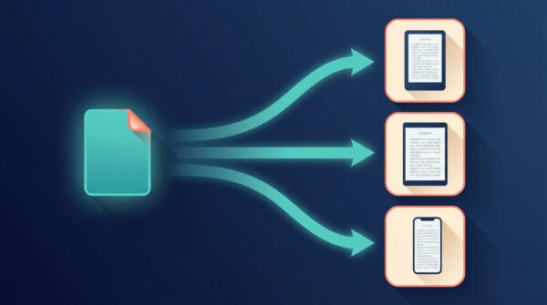Single ebook file flowing to an e-reader, tablet, and phone, showing you rarely need a separate ebook file for Amazon, Apple Books, and Kobo