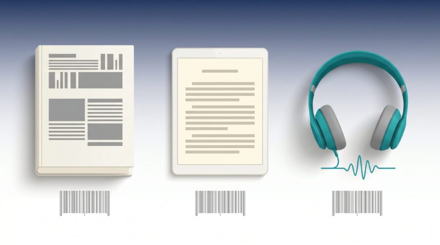 Paperback, ebook, and audiobook editions of one book, each shown above a separate barcode, illustrating that an audiobook ISBN is distinct from the print and ebook ISBNs