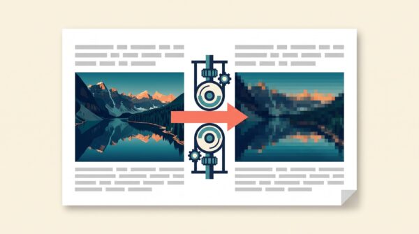 Diagram showing why you need to stop Word compressing images: a sharp photo on a document page becomes pixelated after passing through compression rollers