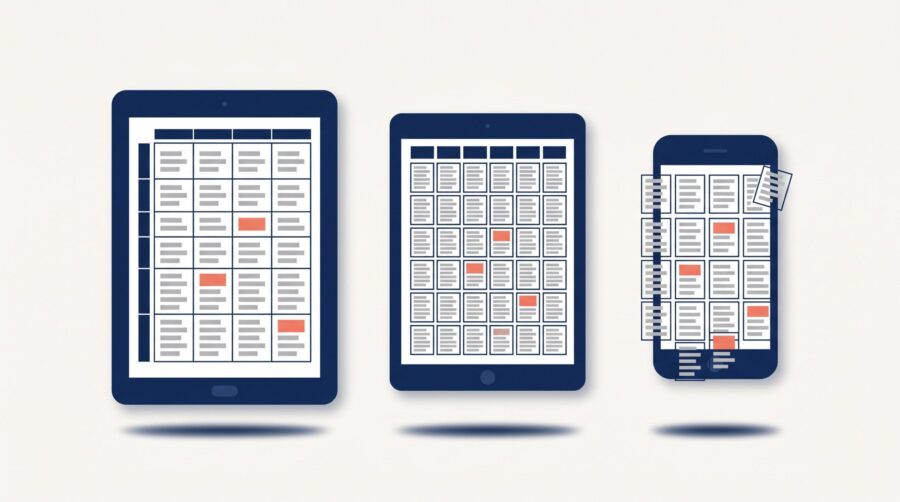 Three e-readers showing a table fitting a large tablet but overflowing on a phone, illustrating why tables in ebooks break